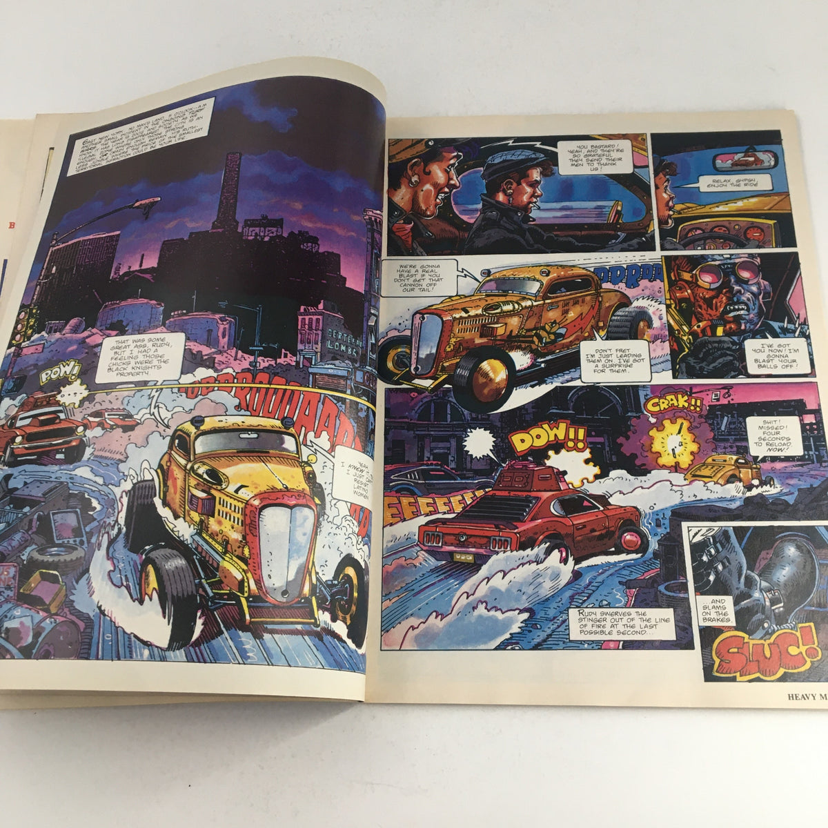 Heavy Metal Fantasy Magazine March 1985 featuring vibrant comic art from 'The Walls of Samaris' by B. Peeters, showcasing dynamic car chase scenes and characters.