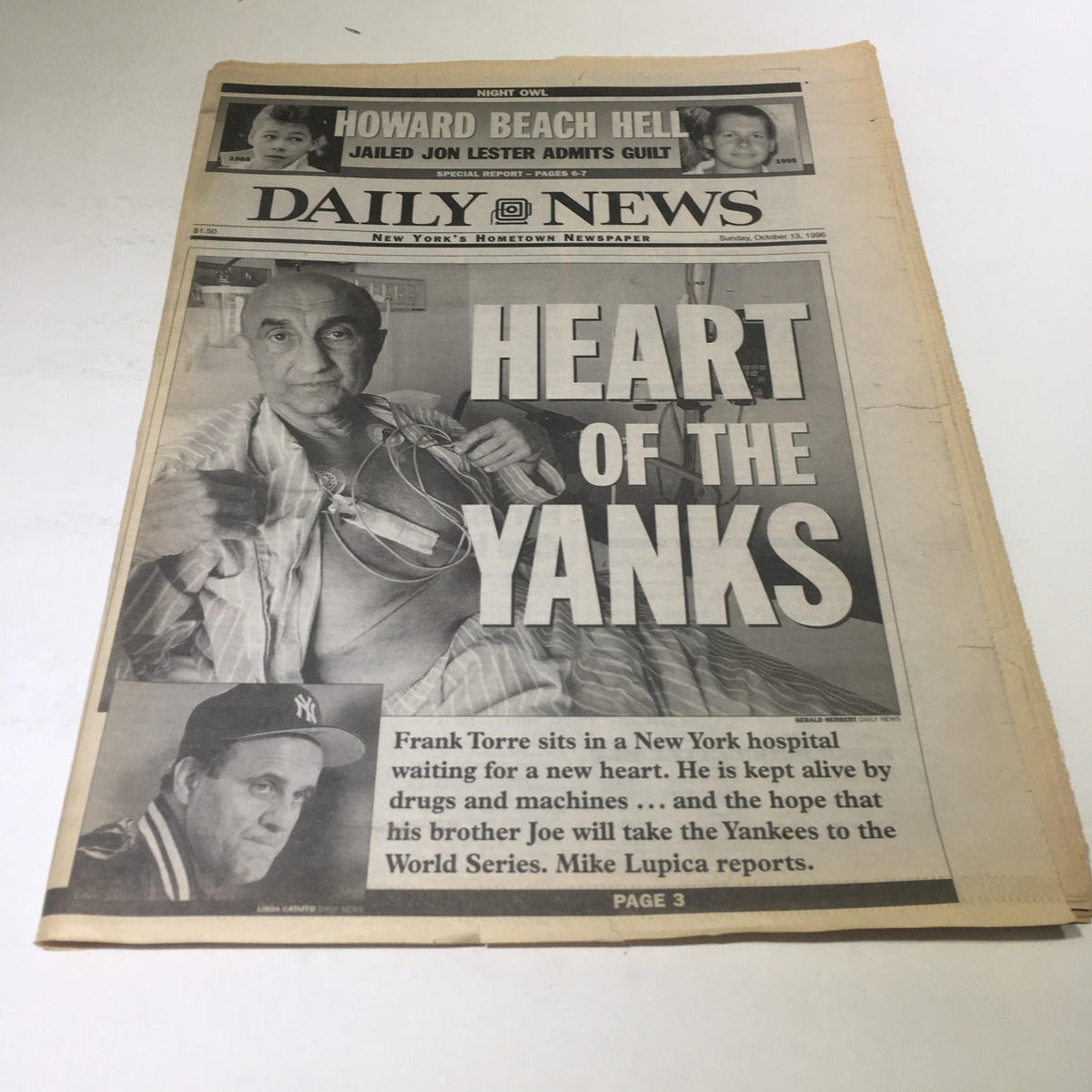 New York Daily News front page from October 13, 1996, featuring the headline 'Heart of the Yanks,' with an image of Frank Torre in a hospital setting.