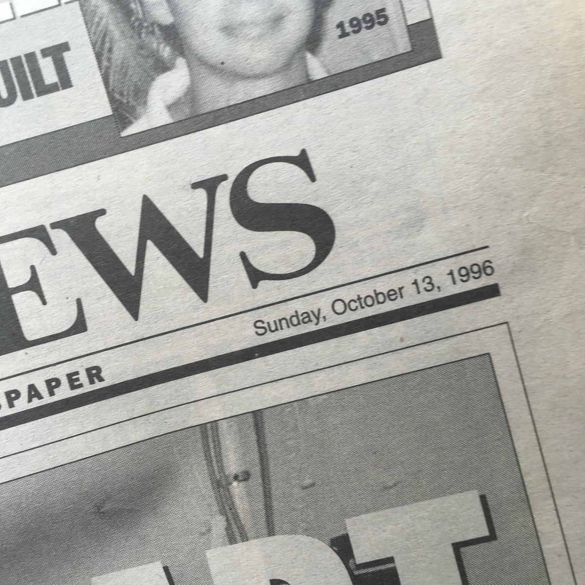 Close-up of the New York Daily News date section, dated Sunday, October 13, 1996, featuring the headline 'Heart of the Yanks'.