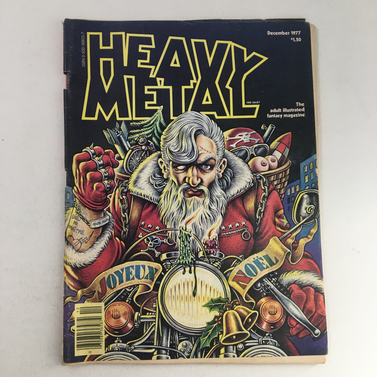 Cover of Heavy Metal Magazine December 1977 featuring Vuzz Chapter 2 by Druillet, showcasing a muscular figure with a grey beard, dressed in a festive coat and surrounded by holiday decorations.