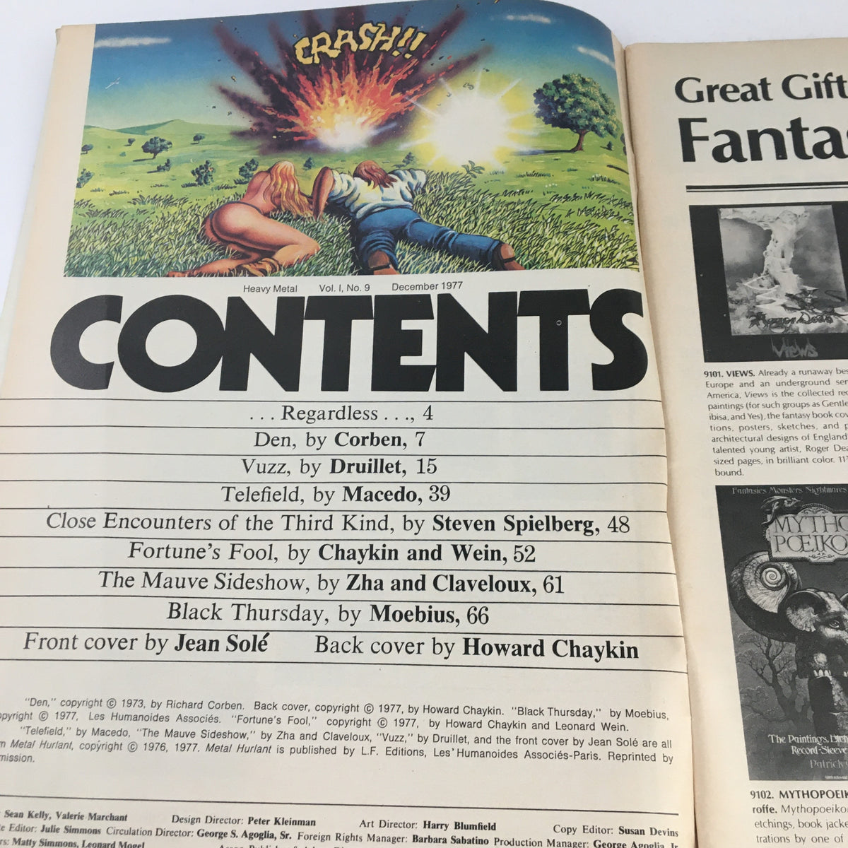 Contents page of Heavy Metal Magazine December 1977 outlining featured stories, including Vuzz by Druillet, accompanied by vibrant artwork and a crash scene illustration.