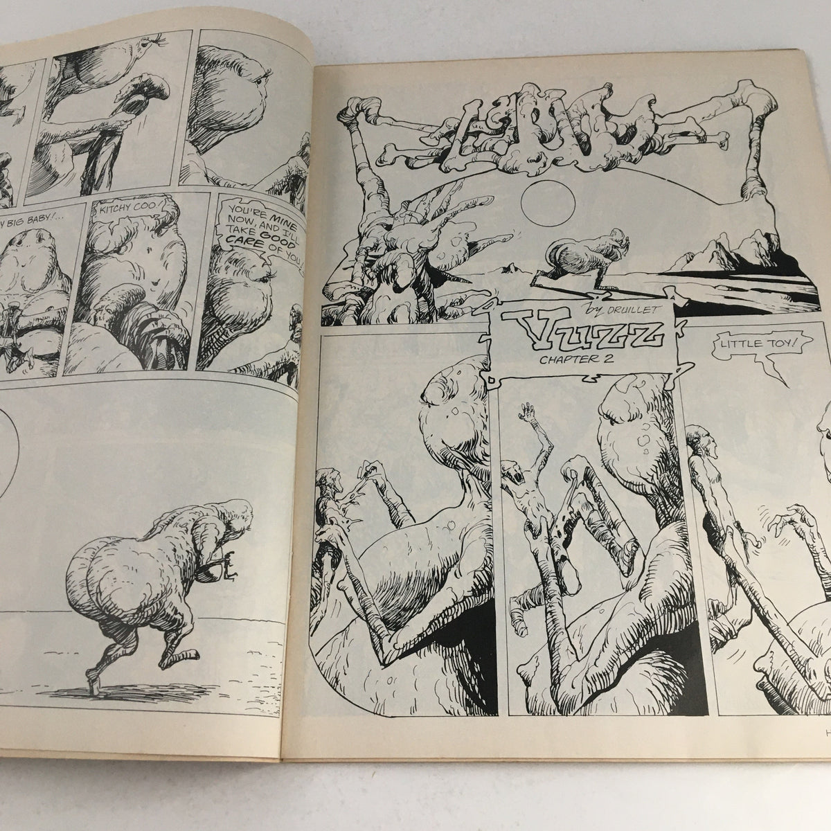 Illustrated pages from Heavy Metal Magazine December 1977 featuring 'Vuzz Chapter 2' by Druillet, showcasing unique character designs and dynamic artwork.
