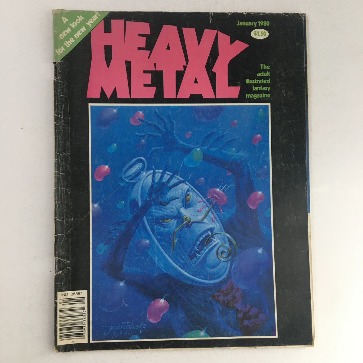 Cover of Heavy Metal Magazine January 1980 featuring vibrant artwork related to fantasy themes and a graphic design showcasing the iconic title. This issue includes part 1 of 'Paradise Lost' by John Milton.