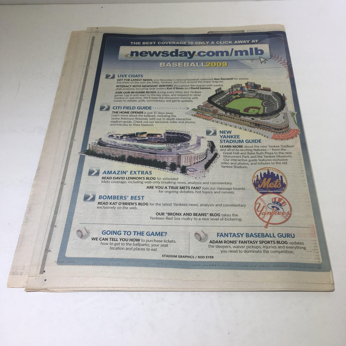 Back cover of Newsday's April 3 2009 edition featuring baseball information including coverage of Citi Field and Yankees Stadium.