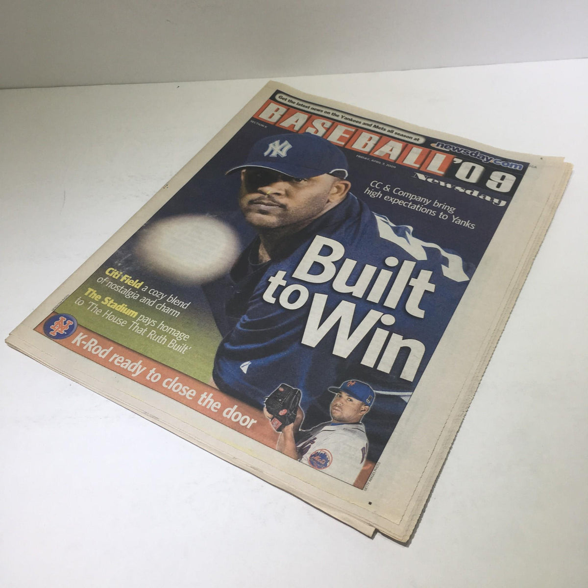 Alternative cover view of Newsday April 3 2009 displaying 'Built to Win' with visuals of CC & Company and mentions of K-Rod and Mets.