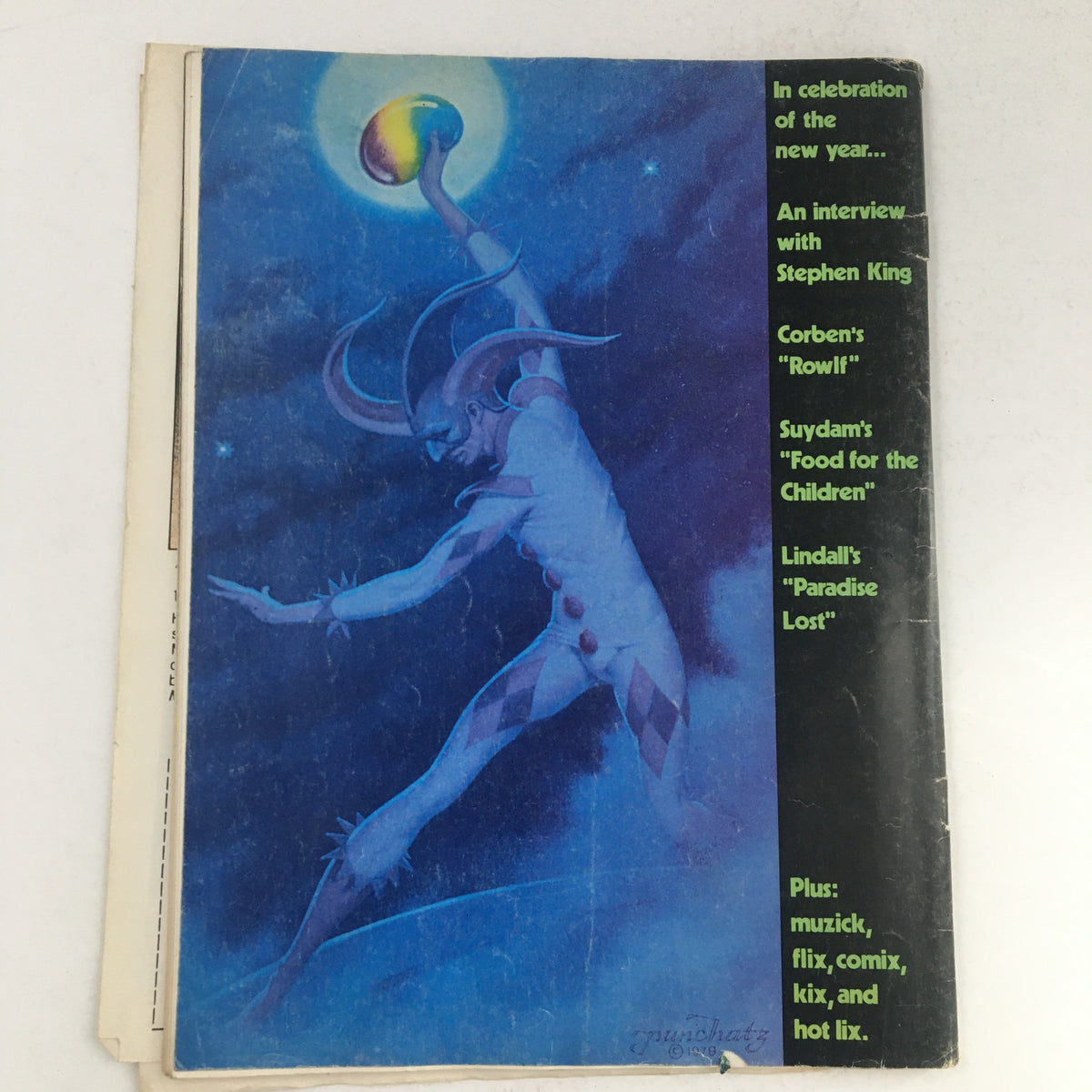 Cover of Heavy Metal Magazine January 1980 Part 1 Paradise Lost by John Milton, featuring a dramatic illustration of a jester-like figure against a blue cosmic background, highlighting the magazine's unique graphic style.