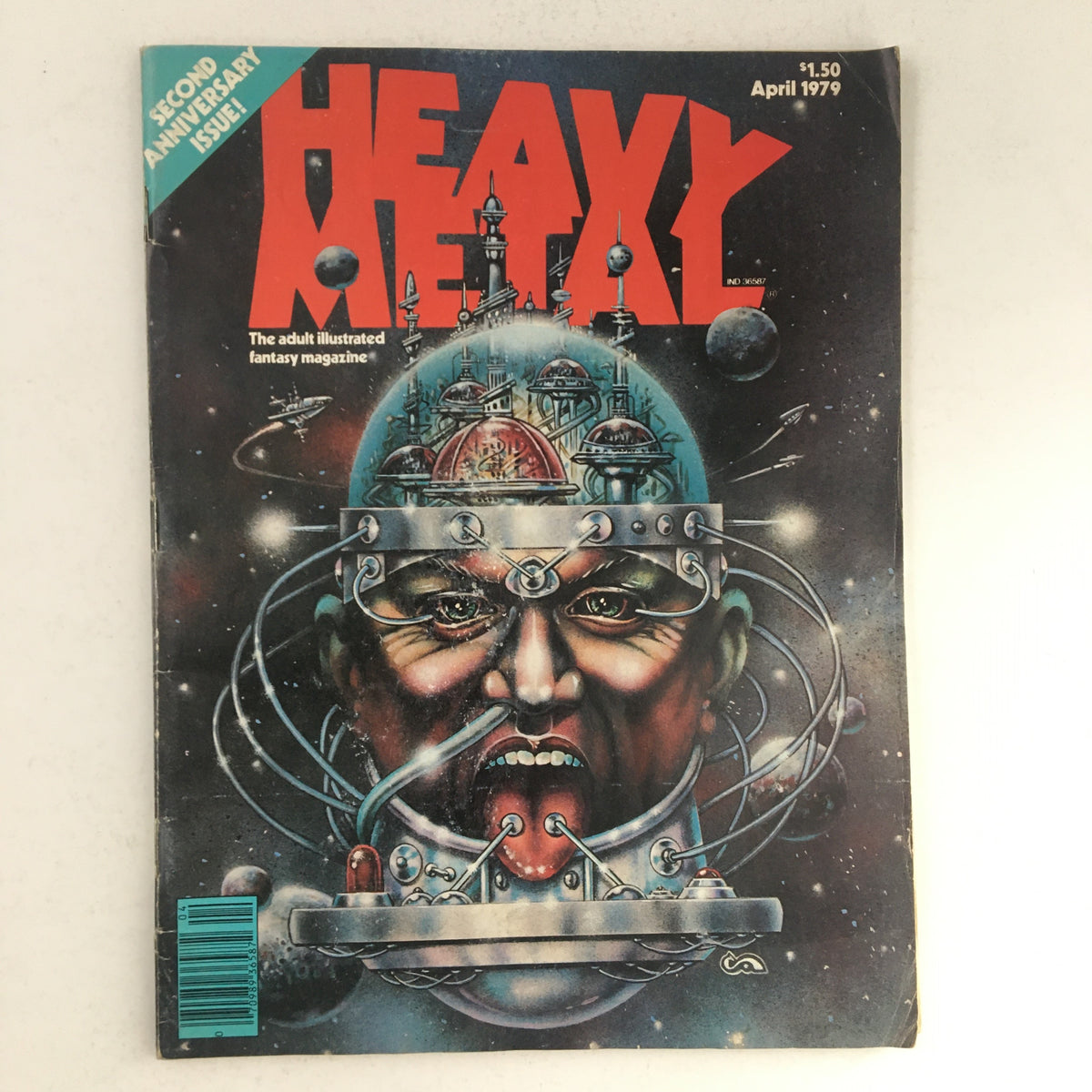 Cover of Heavy Metal Magazine April 1979 featuring dramatic artwork showcasing a surreal space-themed illustration, highlighting the magazine's adult illustrated fantasy content.