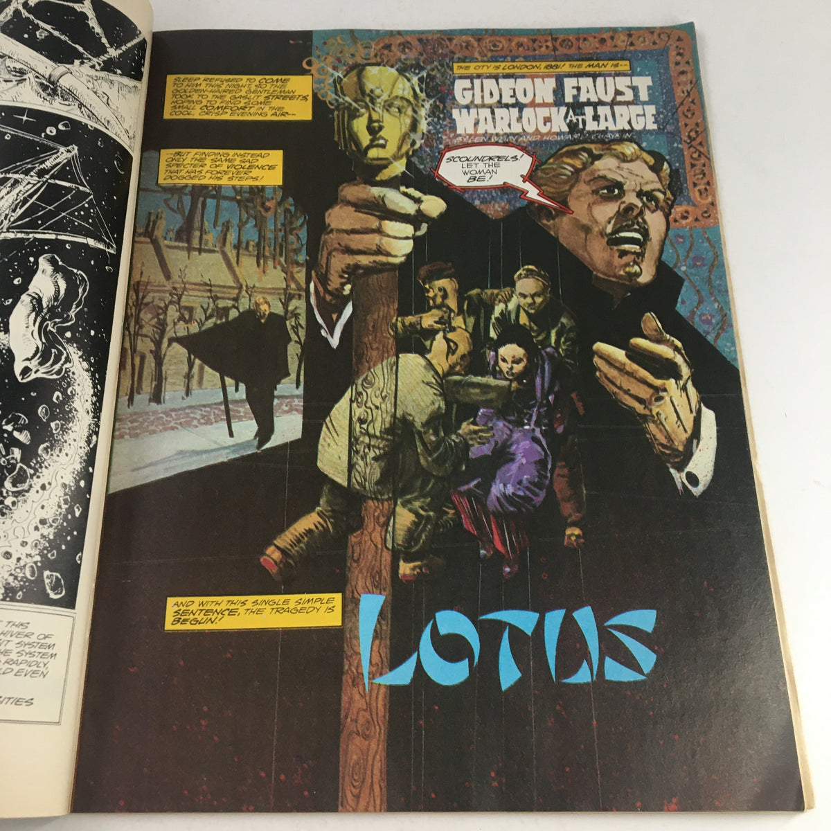 Interior page from Heavy Metal Magazine April 1979 featuring artwork from 'Gideon Faust: Warlock at Large' by Curtis King, showcasing dramatic illustrations and captivating storytelling.