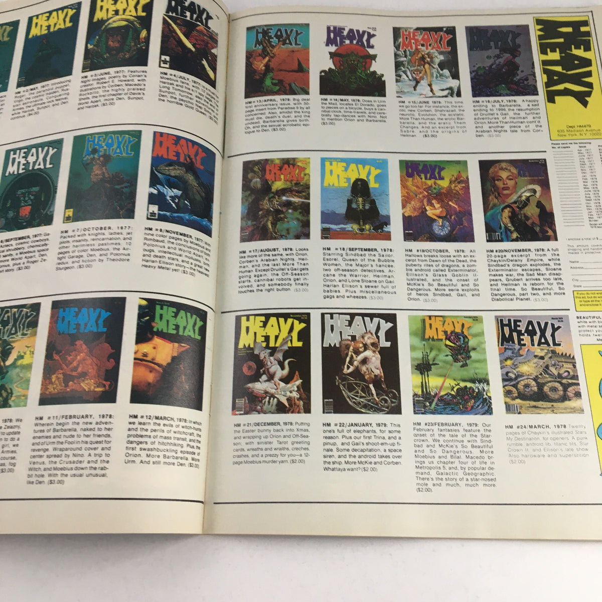 Interior spread from Heavy Metal Magazine April 1979 displaying various past covers of the magazine, illustrating the evolution of its unique and iconic artwork.