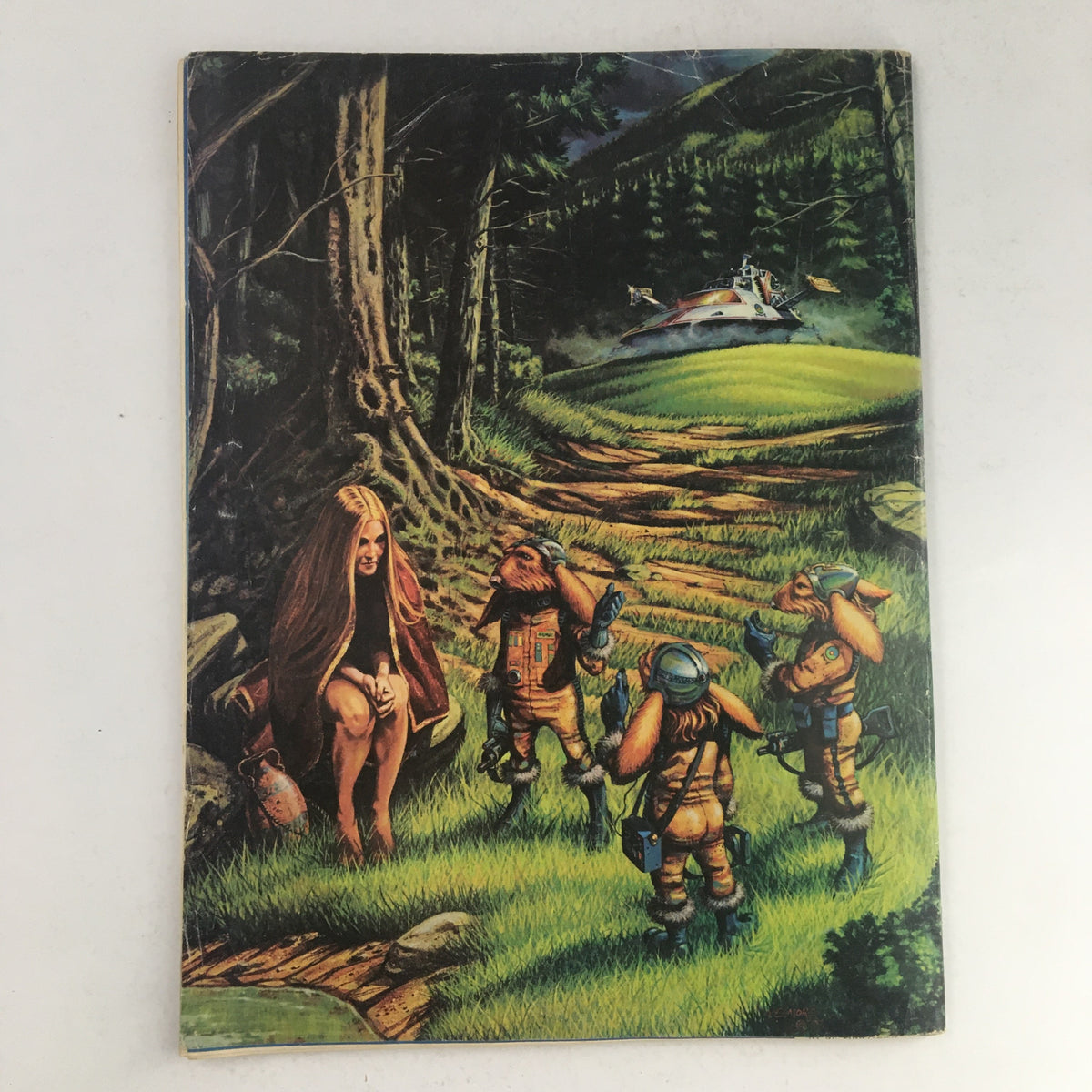 Back cover of Heavy Metal Magazine April 1979 featuring an imaginative scene depicting fantasy characters and lush environments, exemplifying the magazine's creative flair.