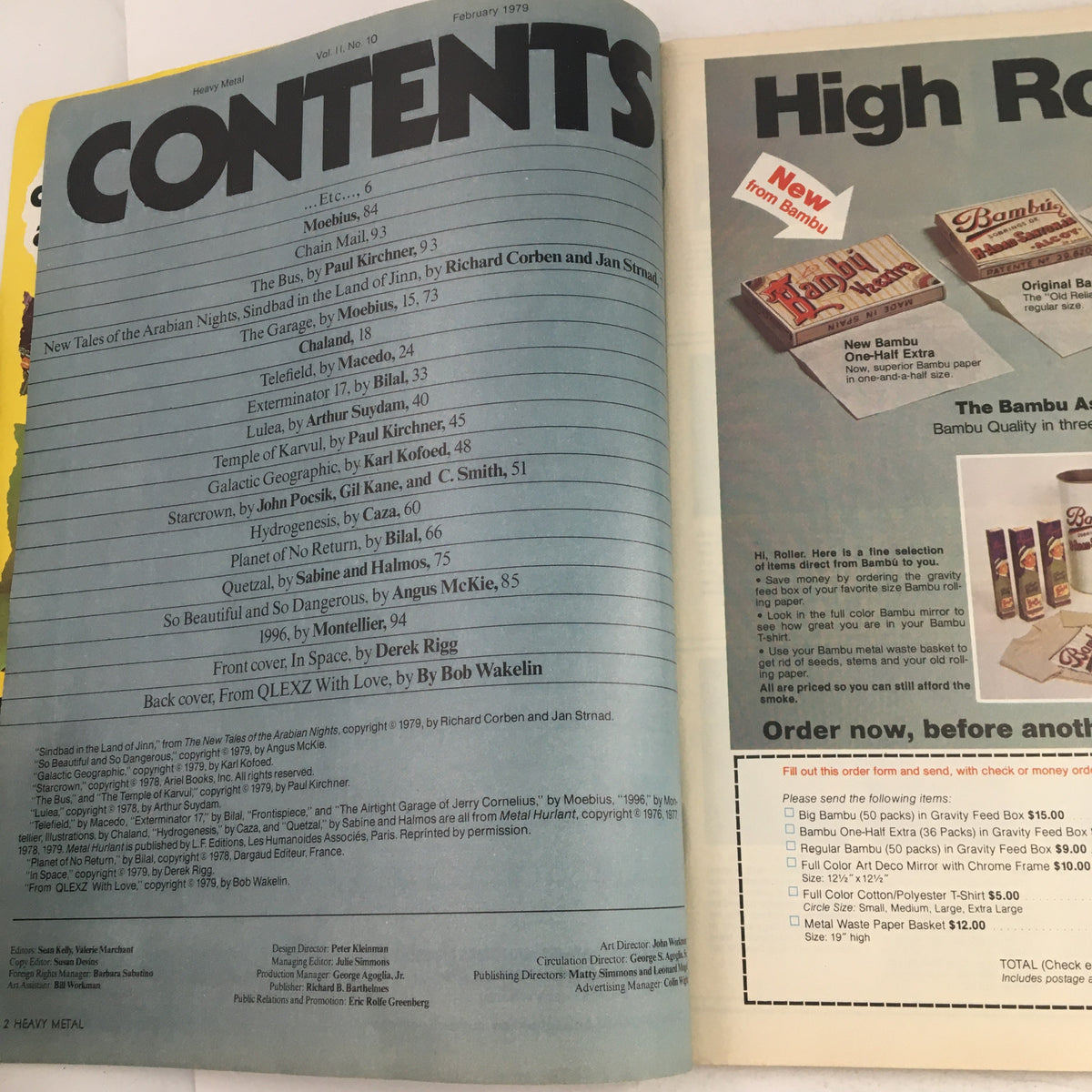Contents page of Heavy Metal Magazine February 1979 displaying the titles and page numbers of featured stories, including the notable 'Galactic Geographic' by Karl Kofoed.