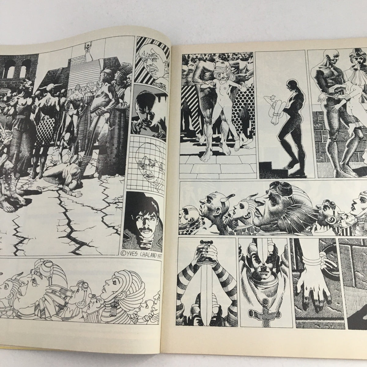 Interior illustration from Heavy Metal Magazine February 1979 featuring art by Yves Chaland, showcasing a sci-fi themed scene with human figures and surreal imagery.