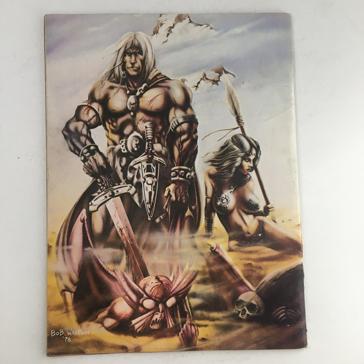 Cover art of Heavy Metal Magazine February 1979, featuring dramatic fantasy themes with muscular characters and a fantasy landscape, illustrated by Bob Wakelin.