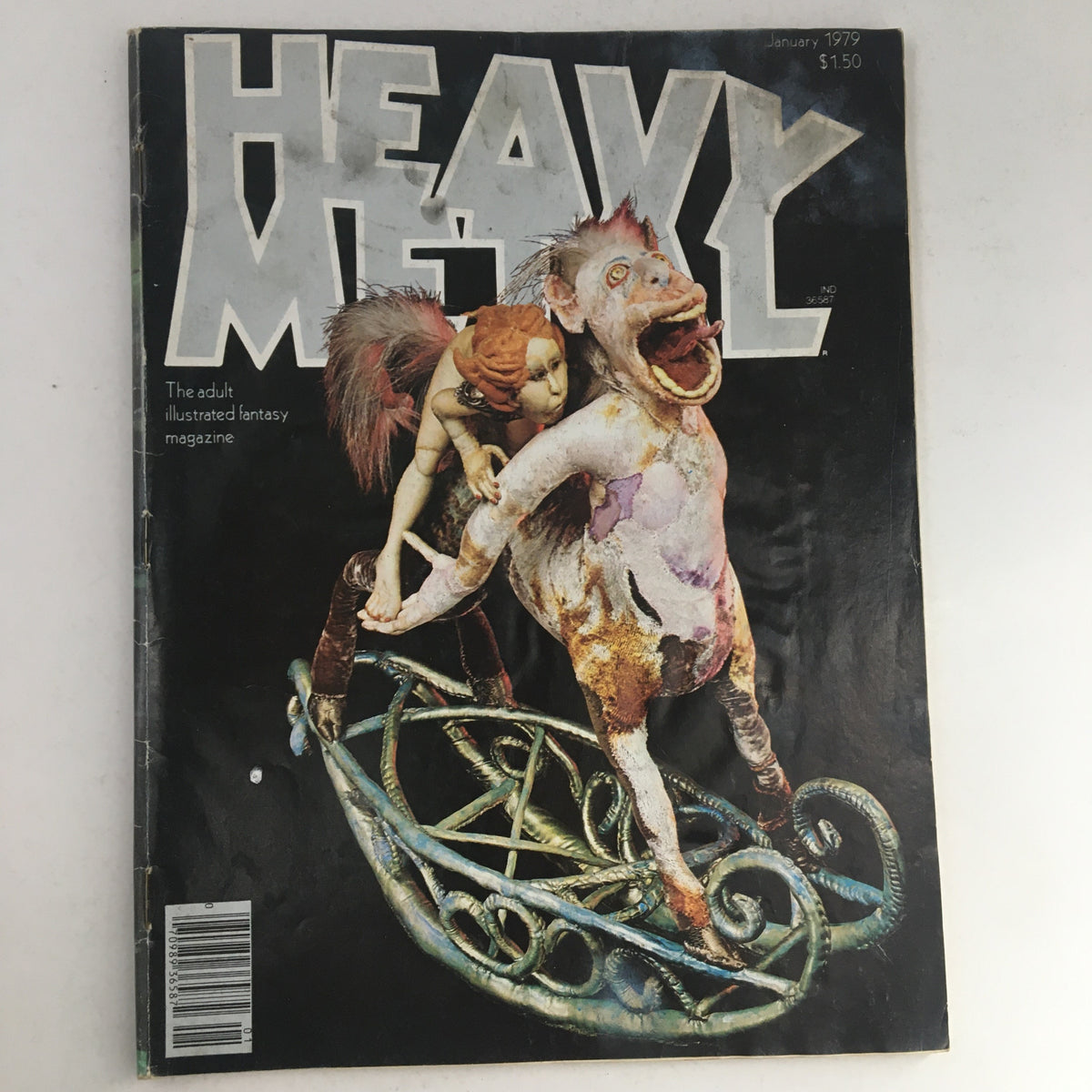 Cover of Heavy Metal Magazine January 1979 featuring striking artwork of a fantastical creature and figure, showcasing the unique style of Bilal.