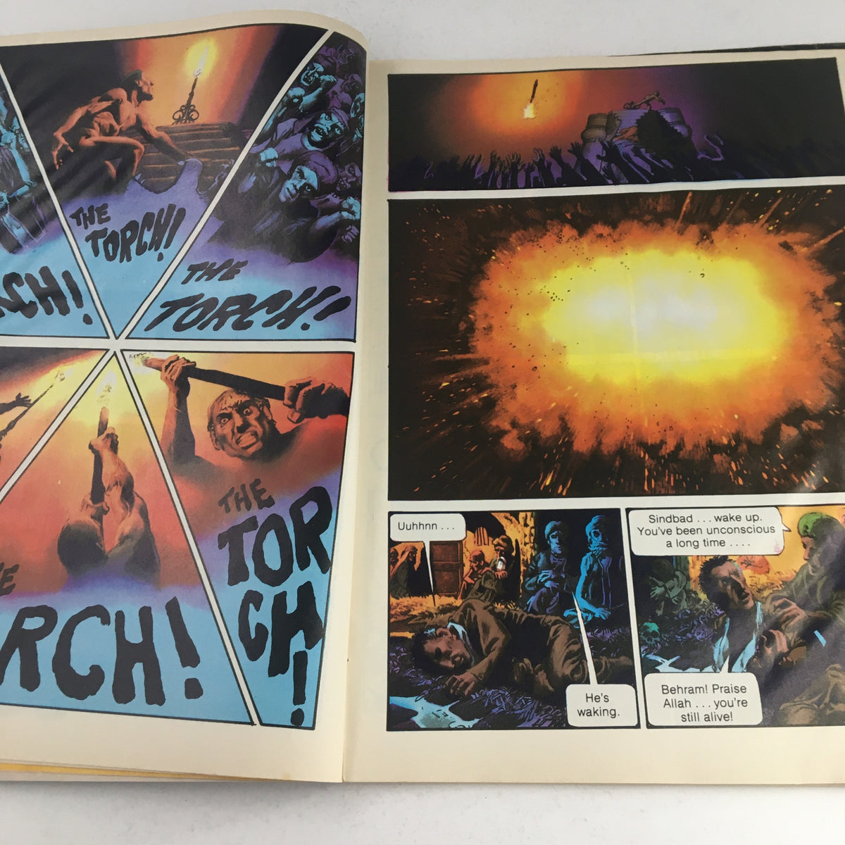 Dynamic action sequence from Heavy Metal Magazine January 1979 showcasing scenes from 'The Torch', featuring characters in a fiery explosion and intense dramatic moments.