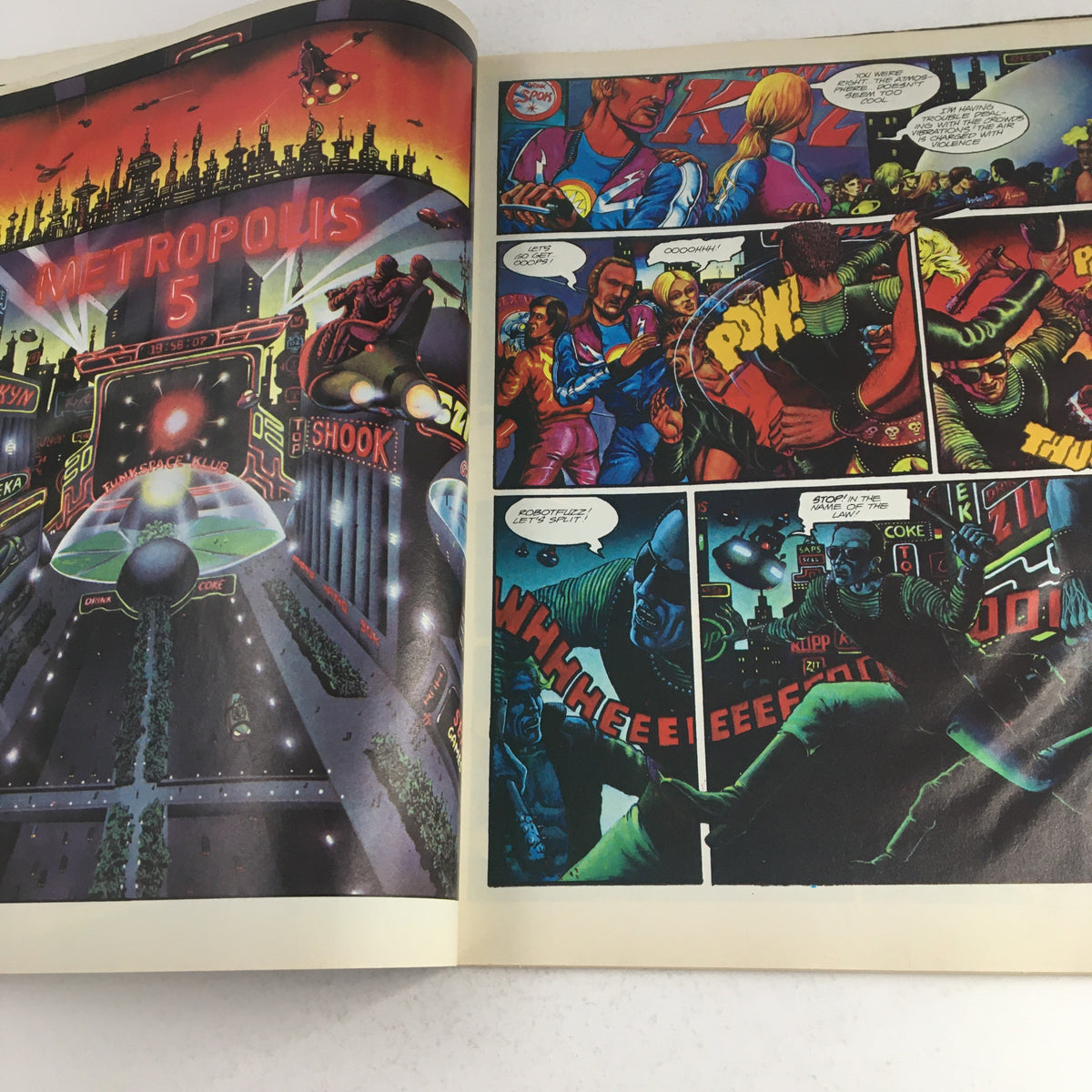 Vivid comic art from Heavy Metal Magazine January 1979 presenting an exciting scene set in 'Metropolis 5', featuring dynamic characters and urban sci-fi elements.