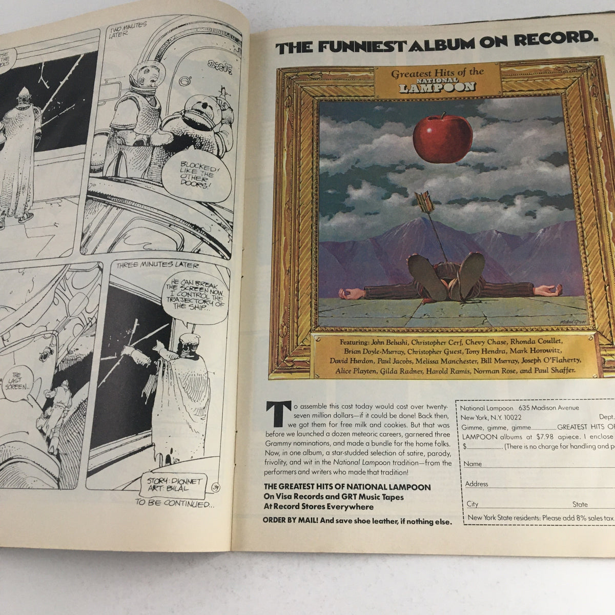 Heavy Metal Magazine January 1979 interior page showing an advertisement for National Lampoon alongside artistic storytelling by Bilal.