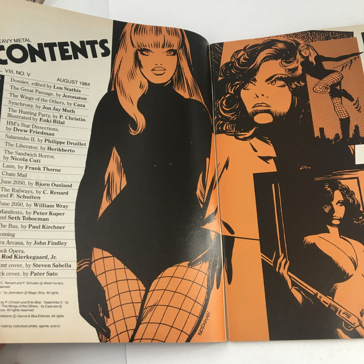 Contents page of Heavy Metal Magazine August 1984 showcasing various stories including 'The Sandwich Horror' by Nicola Cuti, with illustrations and a retro design.
