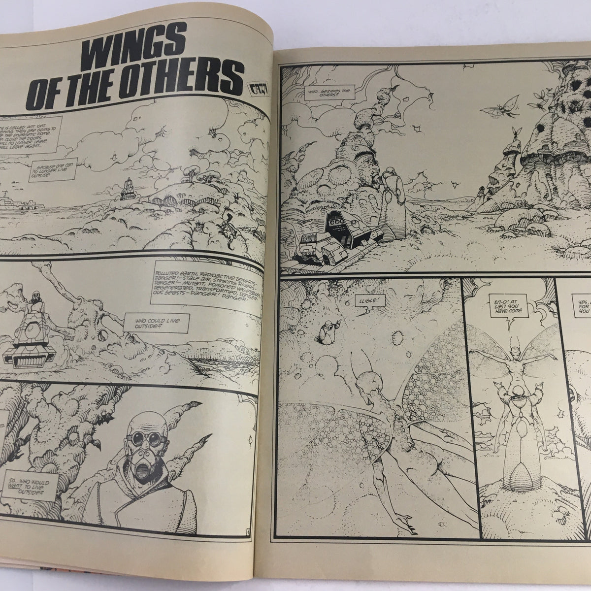 Wings of the Others comic page from Heavy Metal Magazine August 1984, showcasing intricate illustrations and thought-provoking dialogue from the story The Sandwich Horror by Nicola Cuti.