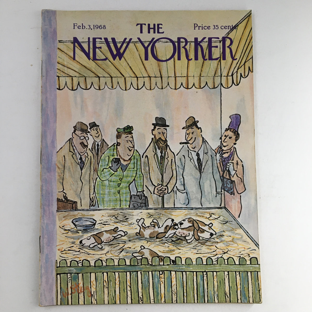 The New Yorker Magazine February 3 1968 cover featuring a vibrant illustration by William Steig, showcasing a lively scene with characters observing a display with dogs, perfect for collectors and art enthusiasts.
