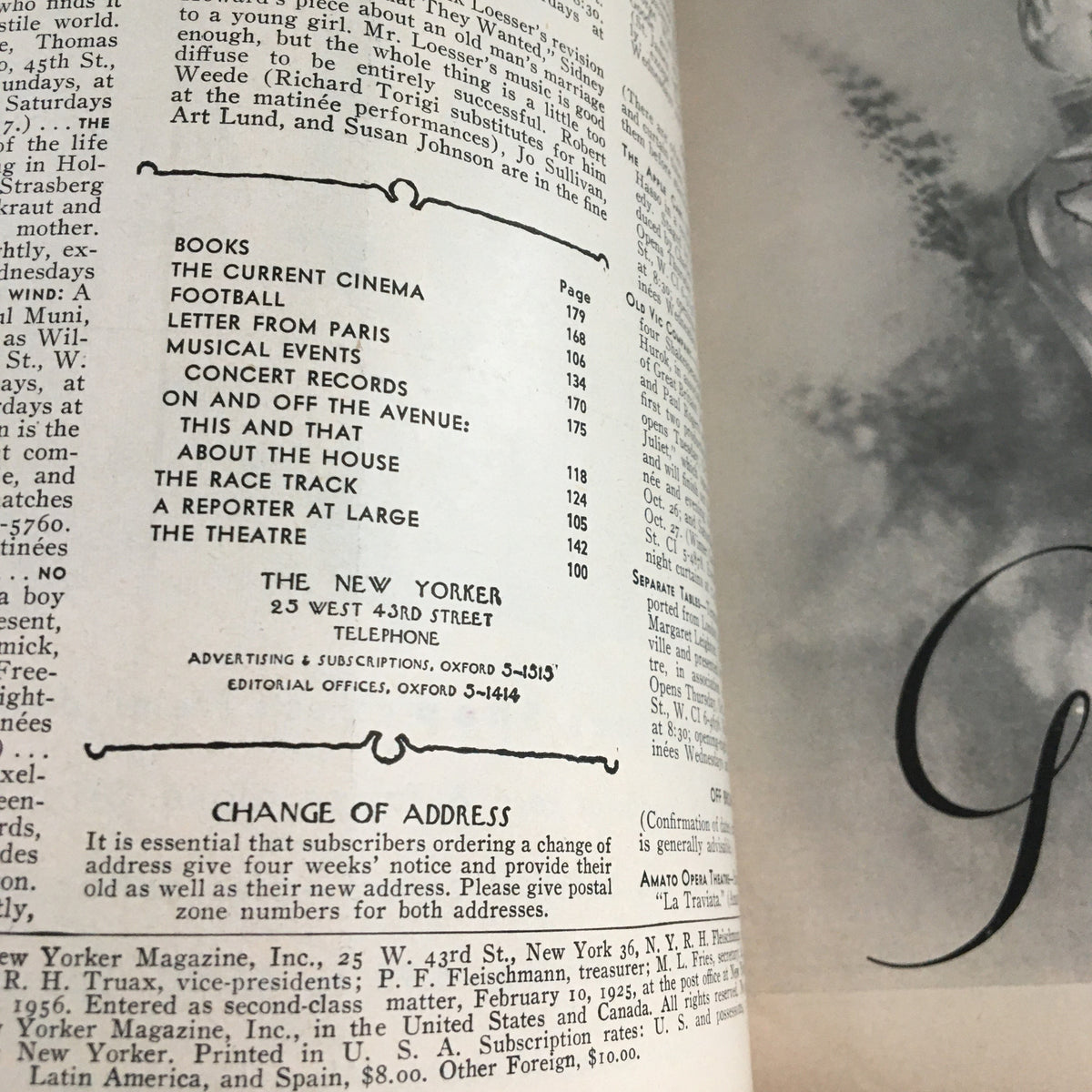 Interior page of The New Yorker Magazine October 20 1956, displaying the table of contents with relevant articles, preserving a historical glimpse into mid-20th-century journalism.