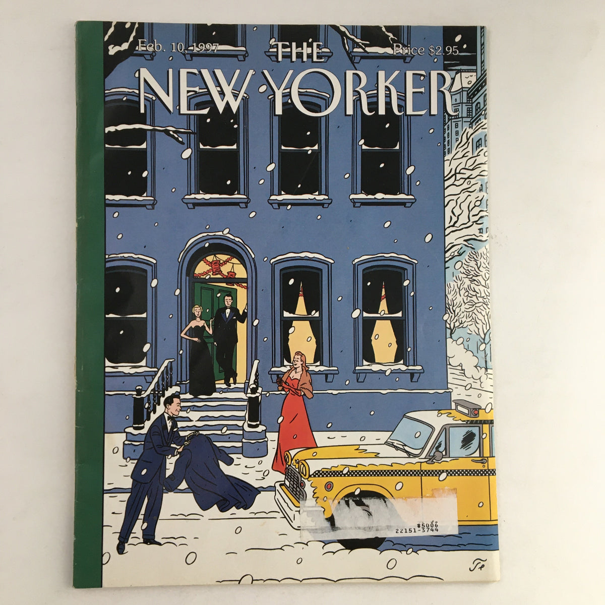 Cover of The New Yorker Magazine February 10 1997 featuring festive snow scene with a yellow taxi and characters in winter attire, illustrated by Jean-Claude Floc'h.