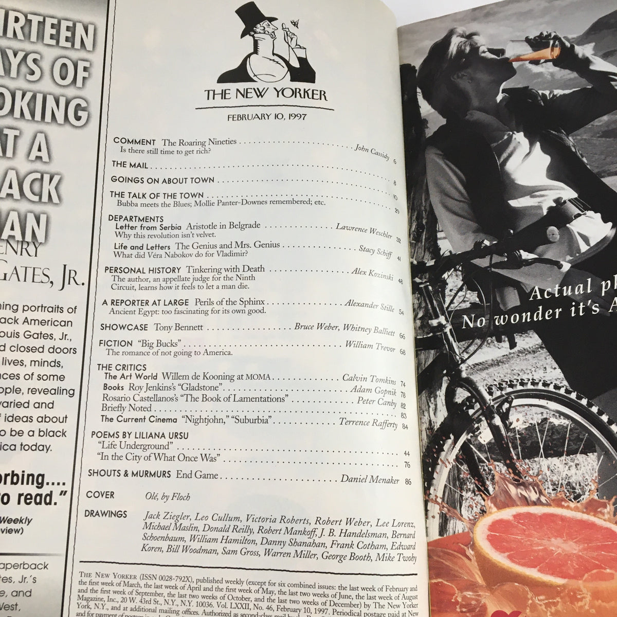 Interior page from The New Yorker Magazine February 10 1997 displaying the table of contents with detailed articles and sections, highlighting the magazine's cultural commentary.