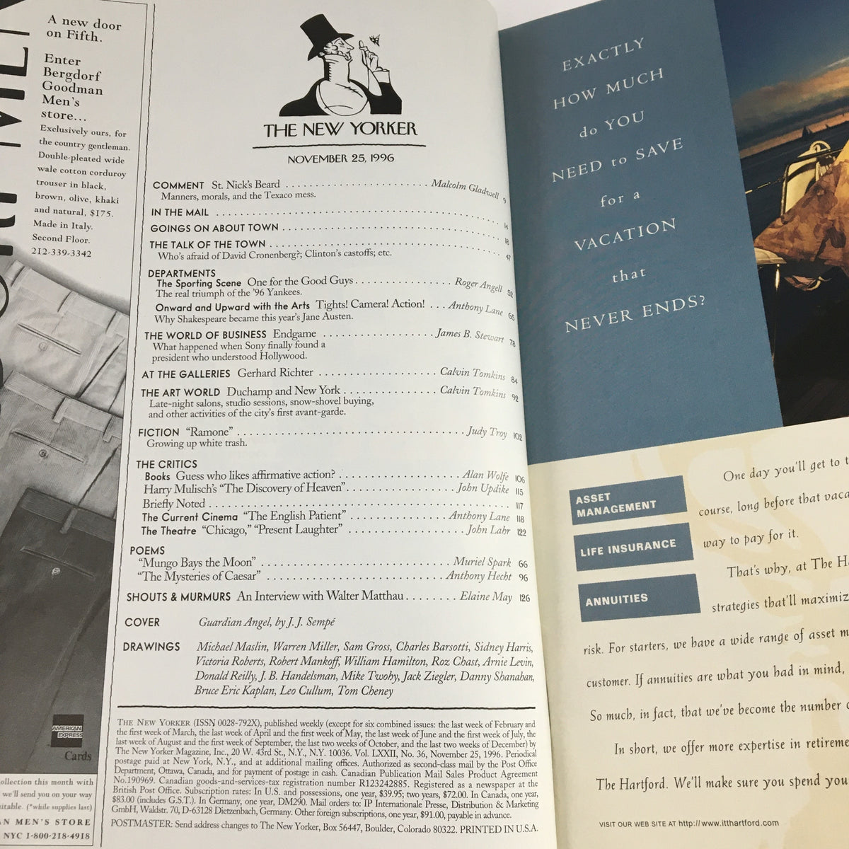 Interior page of The New Yorker Magazine November 25 1996 displaying the table of contents, highlighting various articles, essays, and illustrations including the cover art Guardian Angel by Jean-Jacques Sempé.