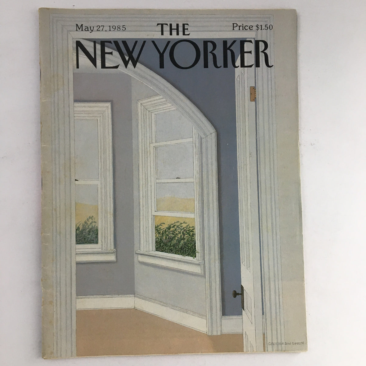 Cover of The New Yorker Magazine from May 27, 1985, featuring a full theme artwork by Gretchen Dow Simpson, showcasing a serene interior scene with light blue walls, windows, and a hint of greenery visible outside.