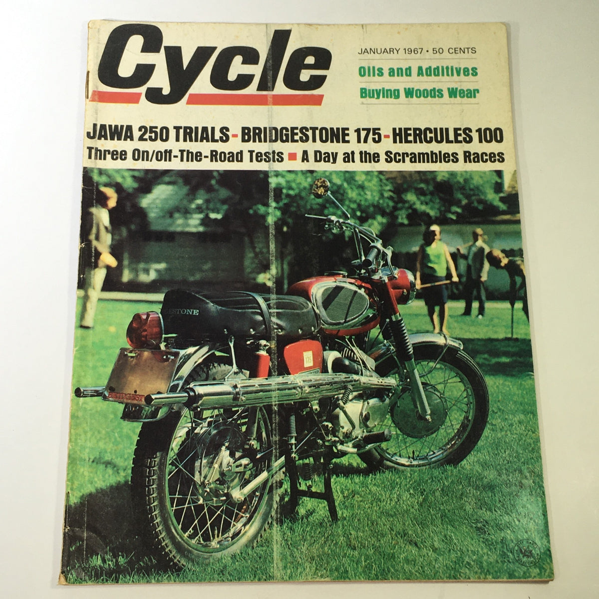 Cover of VTG Cycle Magazine January 1967 featuring the Jawa 250 Trials, Bridgestone 175, and Hercules 100 motorcycles, showcasing vibrant photography and vintage motorcycle culture.