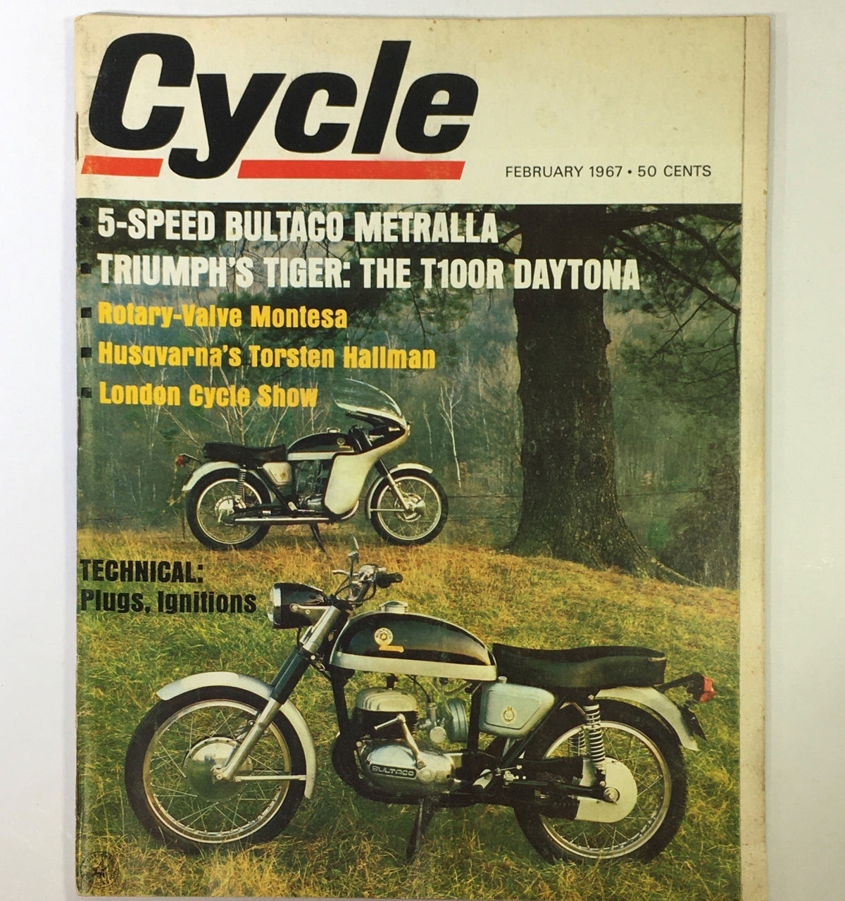 Cover of VTG Cycle Magazine February 1967 featuring the 5-Speed Bultaco Metralla and Triumph TR100, showcasing vintage motorcycle culture with classic designs.