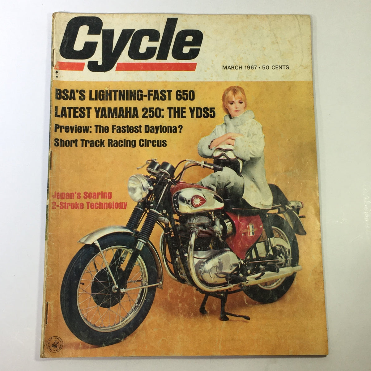 Cover of VTG Cycle Magazine March 1967 showcasing BSA Lightning-Fast 650 and Yamaha 250 YDS5 with a vintage motorcycle and model.