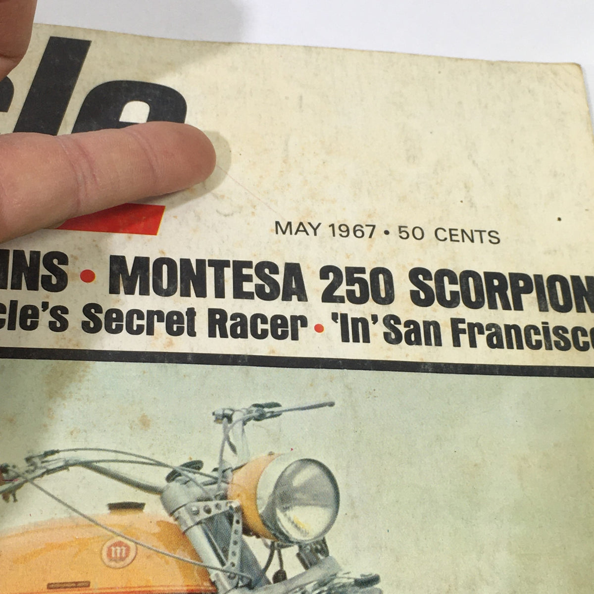 Close-up of the VTG Cycle Magazine May 1967 cover, highlighting the title and features including Honda 160 Twins and Montesa 250 Scorpion.