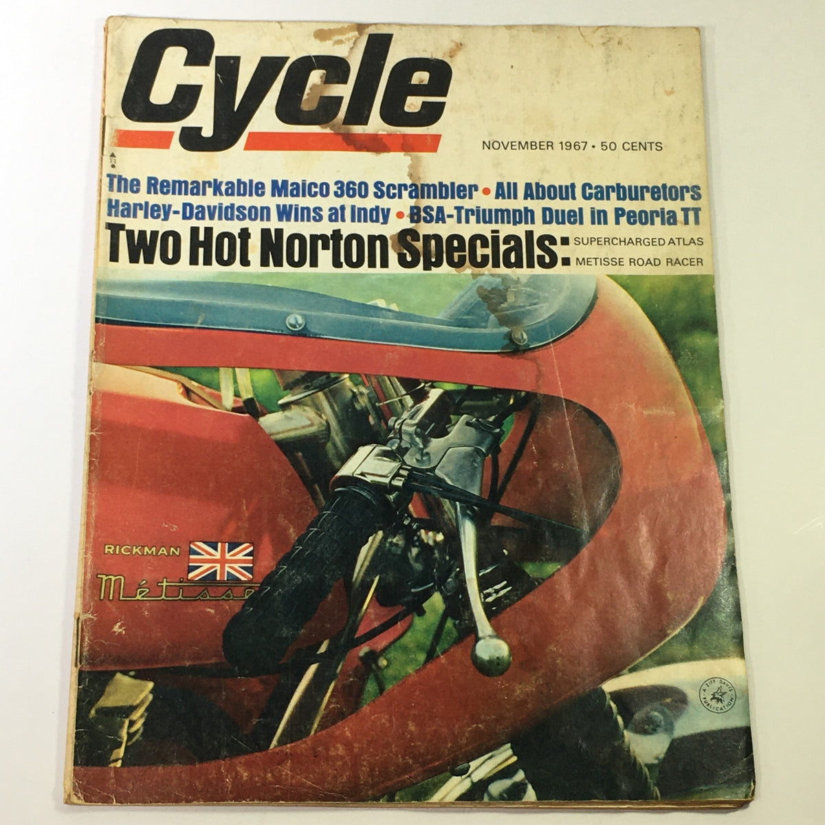 Cover of VTG Cycle Magazine November 1967 featuring the Maico 360 Scrambler and BSA-Triumph Peoria TT, showcasing motorcycle racing history.