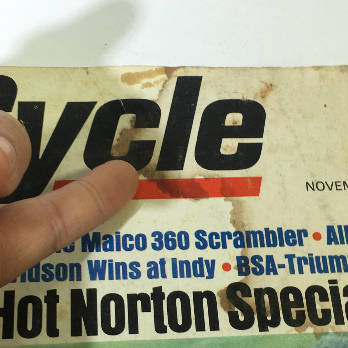 Close-up of the VTG Cycle Magazine November 1967 title with visible wear, illustrating vintage magazine characteristics.