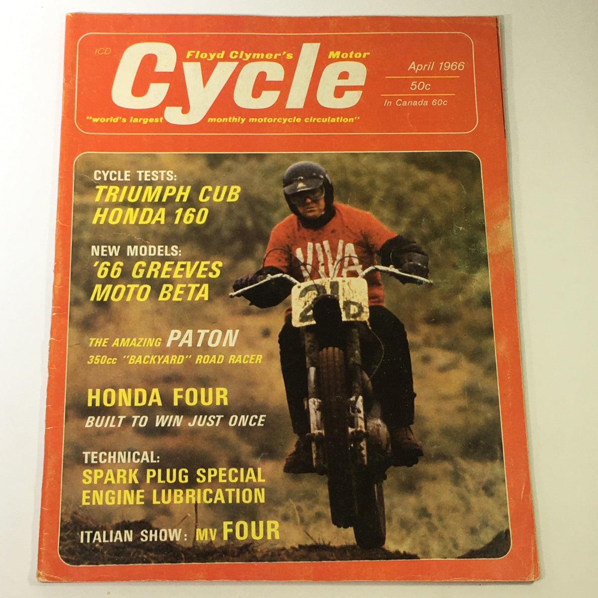 Cover of VTG Floyd Clymer's Motor Cycle Magazine April 1966 featuring a motorcyclist on a dirt bike, highlighting articles on Triumph Cub and Honda 160 motorcycles.