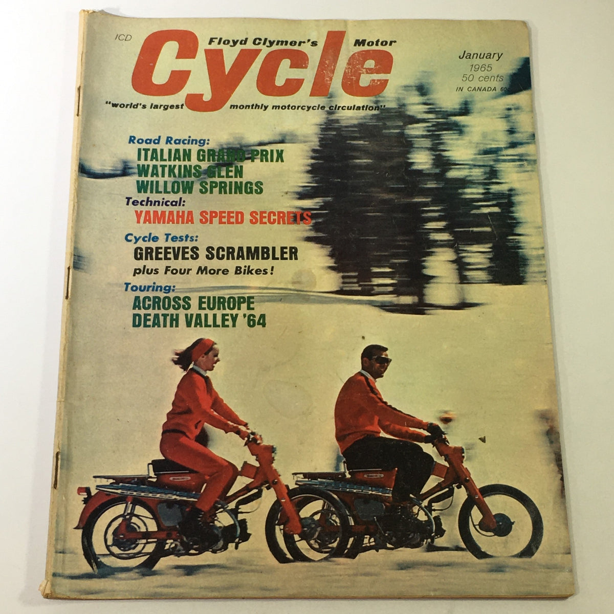 Cover of VTG Floyd Clymer's Motor Cycle Magazine January 1965 showcasing 'Yamaha Speed Secrets' with two riders in red outfits on motorcycles, reflecting the motorcycling culture of the 1960s.