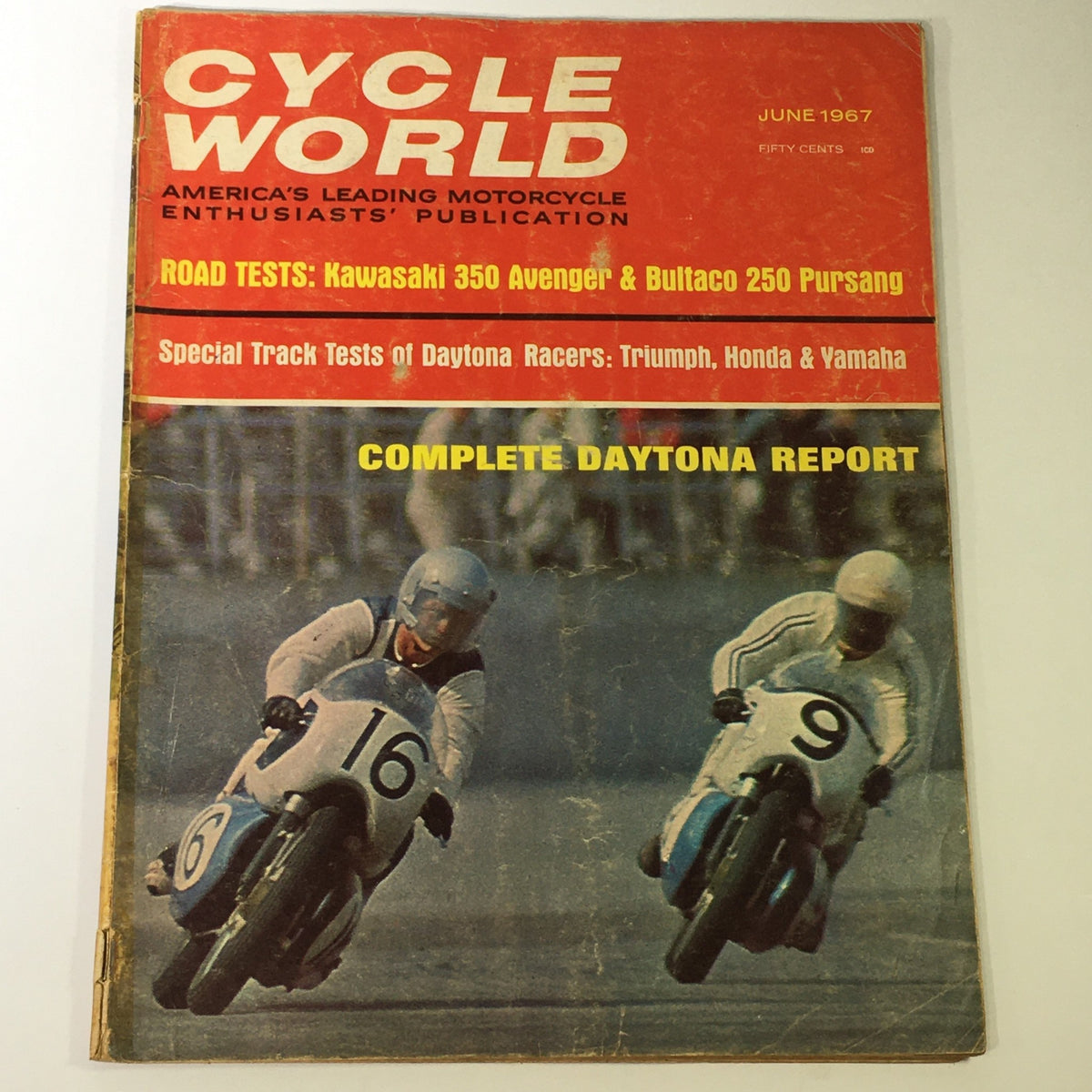 Cycle World Magazine June 1967 cover featuring road tests of Kawasaki 350 Avenger and Bultaco 250 Pursang, showcasing motorcycle racing with riders on track.