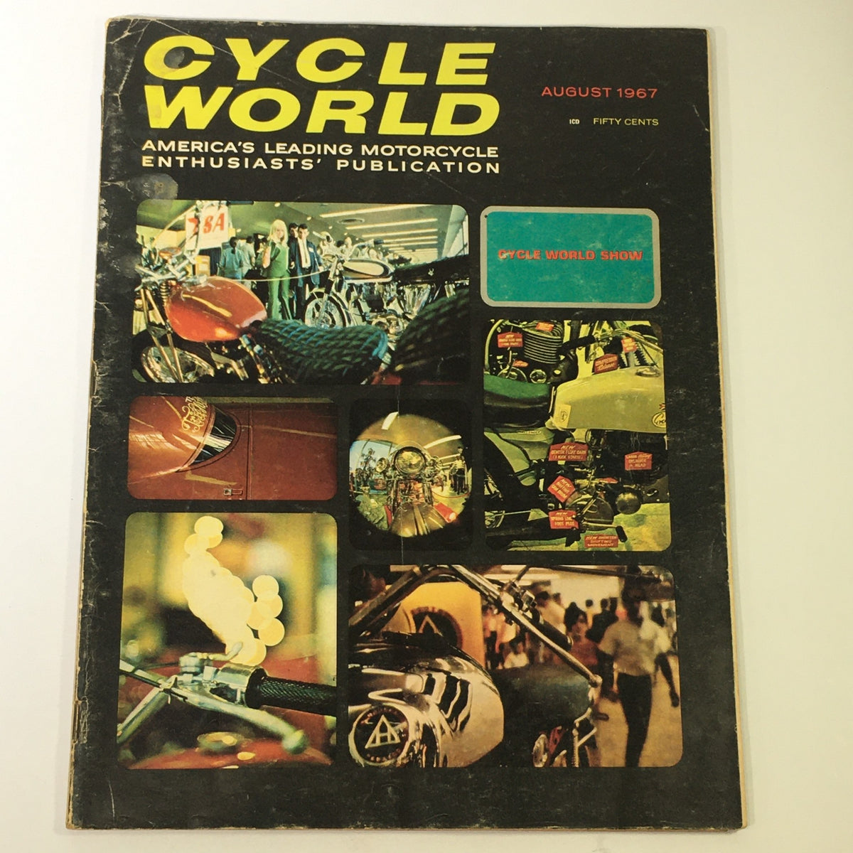 Cover of the VTG Cycle World Magazine August 1967 featuring vibrant motorcycle imagery and advertising, celebrating the Cycle World Show of the Year 1967.
