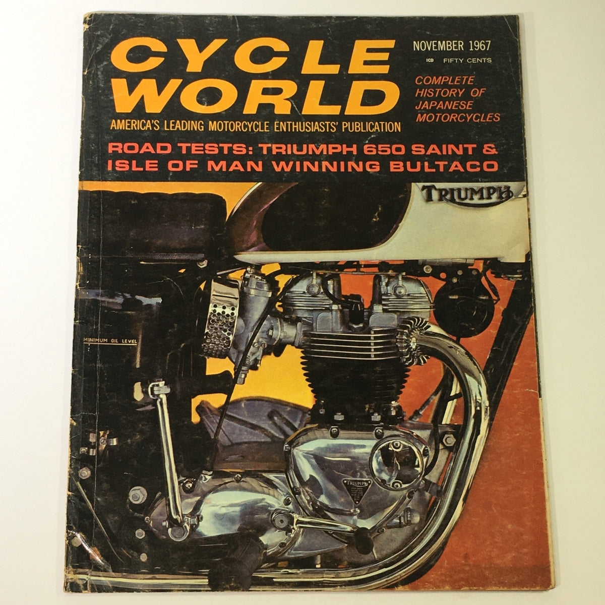 Cover of VTG Cycle World Magazine November 1967 featuring a road test of the Triumph 650 Saint and Bultaco, showcasing motorcycle engineering and culture of the 1960s.