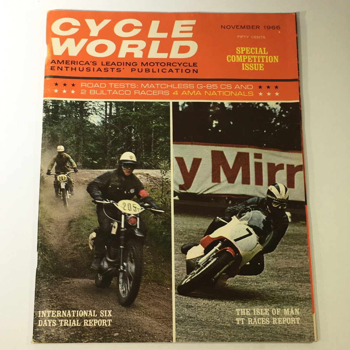 Cycle World Magazine November 1966 cover featuring motorcycle enthusiasts with road tests on the Matchless G-85 CS and two Bultaco racers, showcasing the excitement of vintage motorcycle culture.