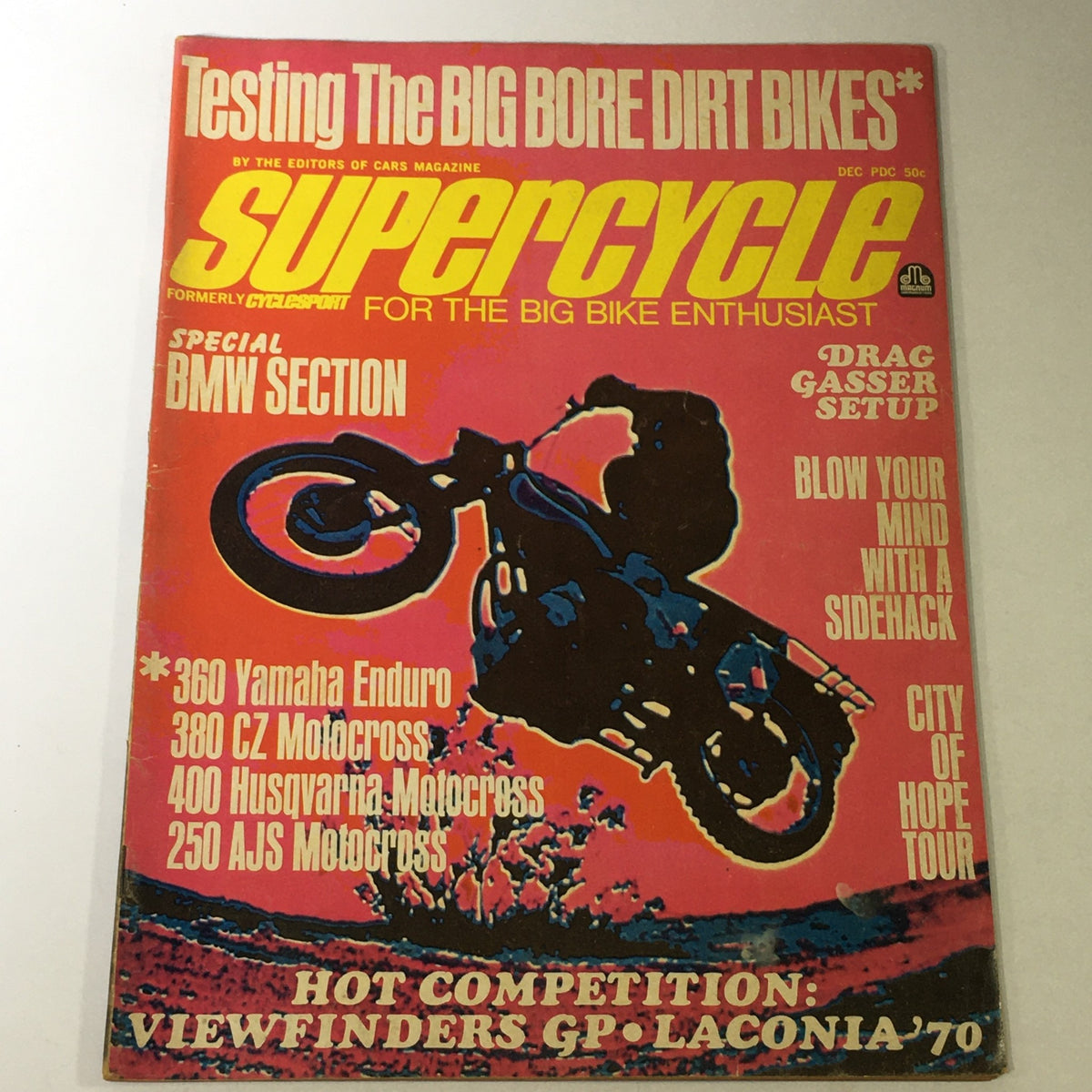 Cover of VTG Supercycle Magazine December 1970 featuring 360 Yamaha Enduro and 380 CZ Motocross with colorful graphics and motorbike action scene.