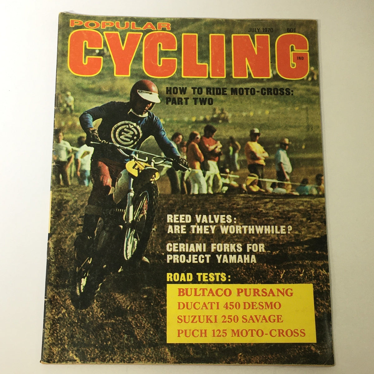 Cover of Popular Cycling Magazine July 1970 featuring Bultaco Pursang and Ducati 450 Desmo Test, showcasing motocross action and motorcycle culture from the 1970s.