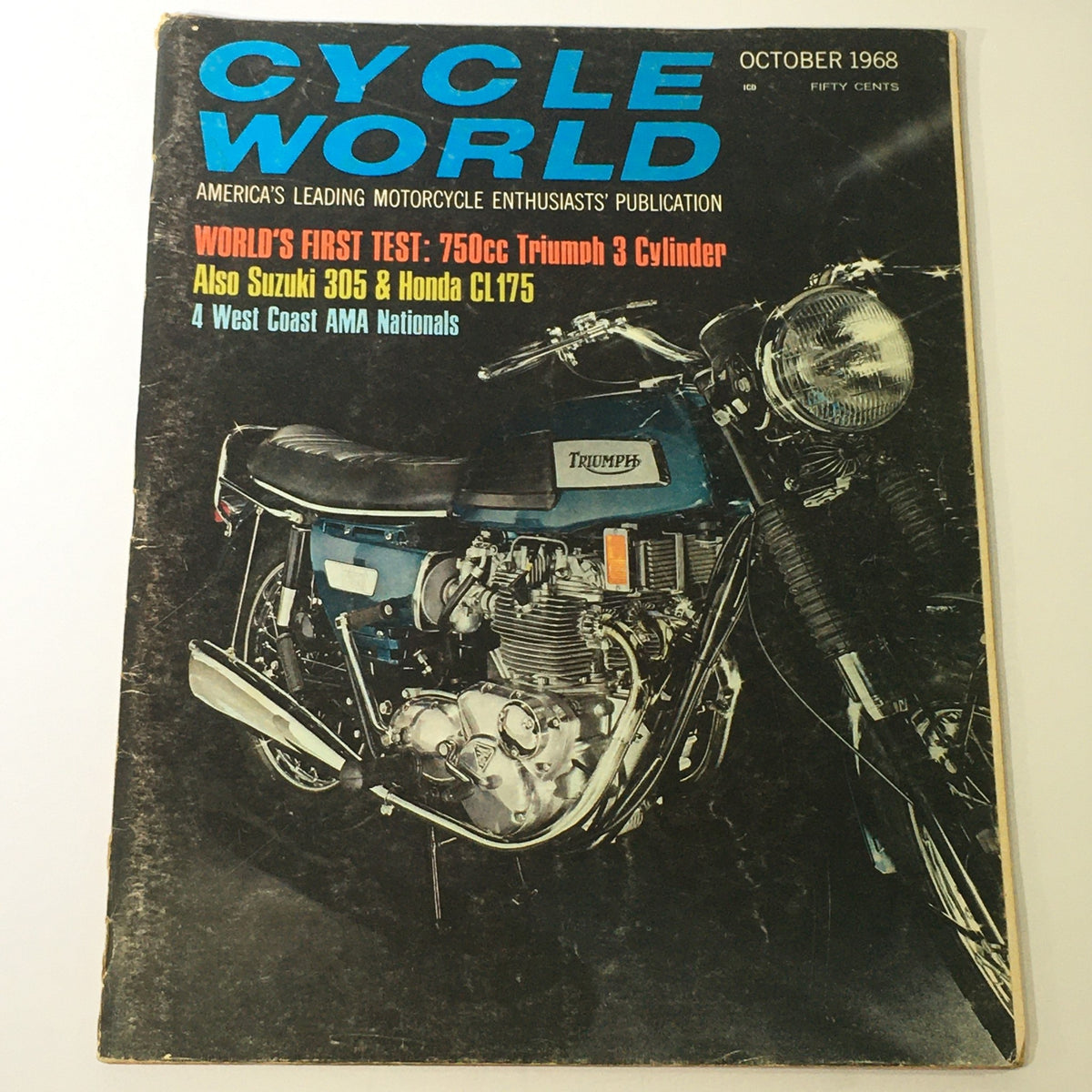 Cover of VTG Cycle World Magazine October 1968 featuring the world's first test of the 750cc Triumph 3 Cylinder motorcycle, along with a feature on Honda CL175 and Suzuki 305, showcasing a blue Triumph motorcycle prominently displayed.