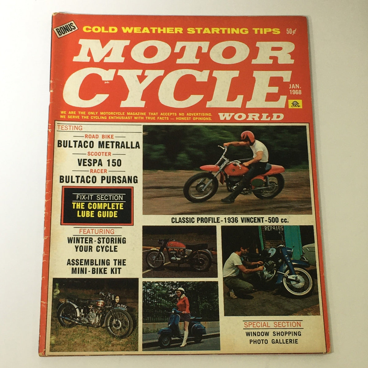 Cover of VTG Motor Cycle World Magazine January 1968 featuring articles on Bultaco Metralla, Vespa 150 tests, and classic motorcycle profiles.