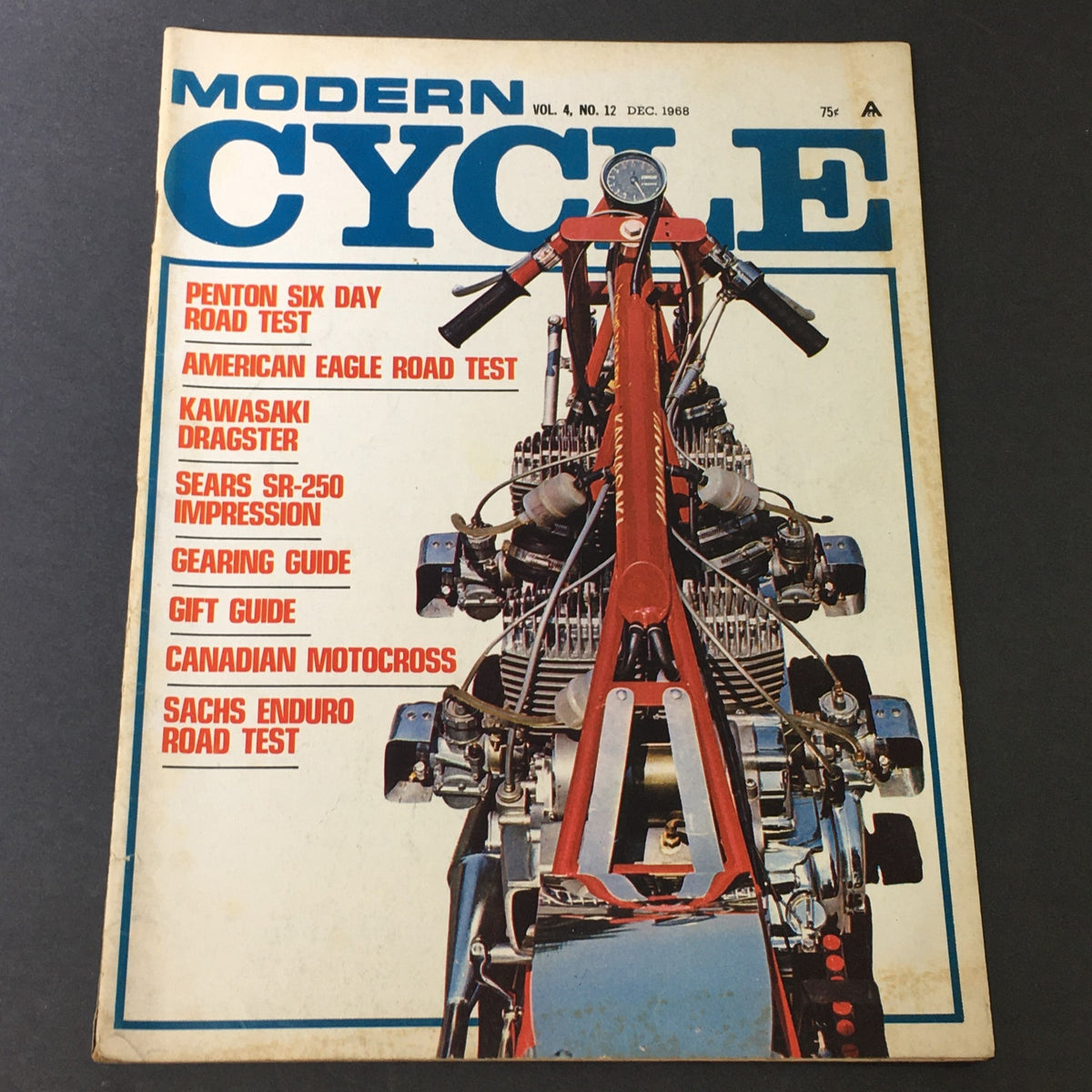 Cover of VTG Modern Cycle Magazine December 1968 featuring a Sachs Enduro road test and Sears SR-250 impression, showcasing motorcycle tests and guides.