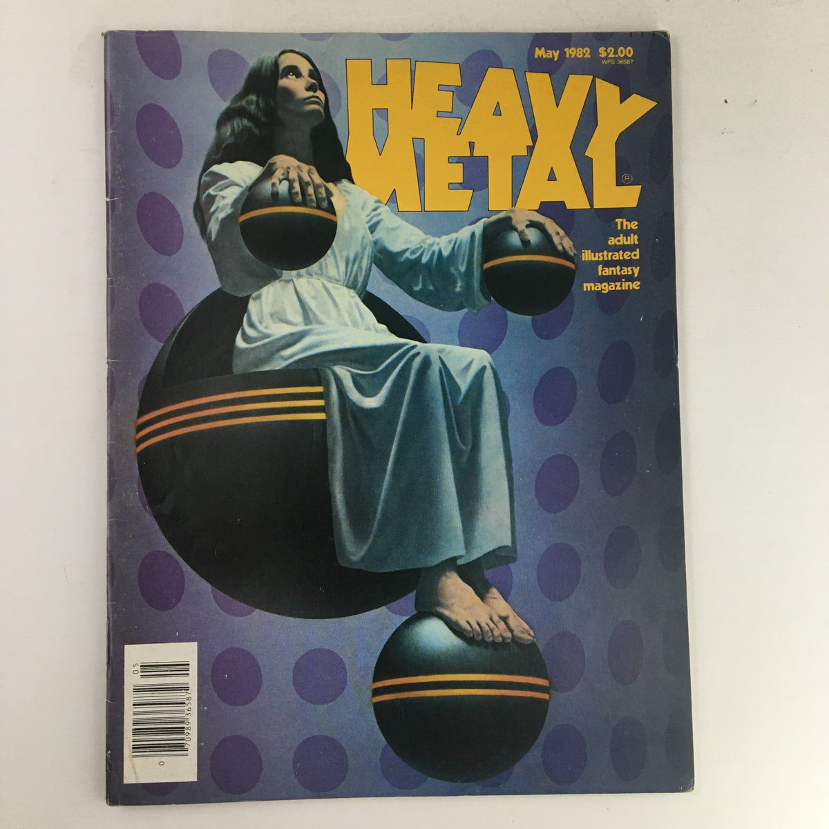 Cover of Heavy Metal Magazine May 1982 featuring Spheres artwork by Richard Cohen, showcasing a female figure balancing spheres against a vibrant purple background.