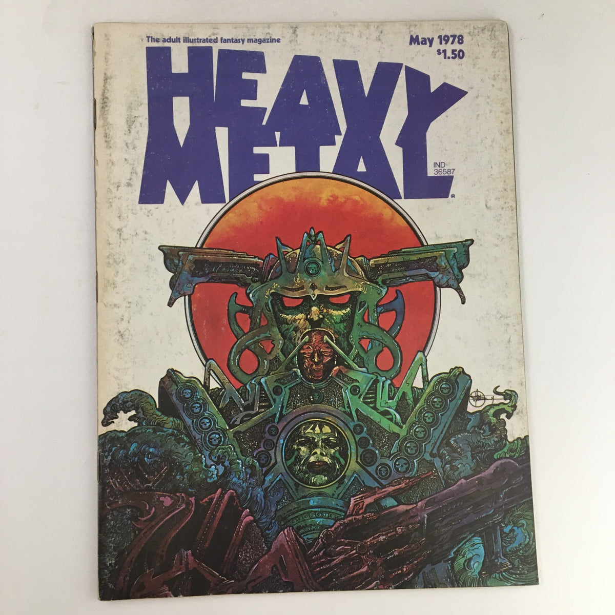 Cover of Heavy Metal Magazine May 1978 featuring striking artwork with a futuristic figure, highlighting the unique graphic style of this iconic vintage magazine.