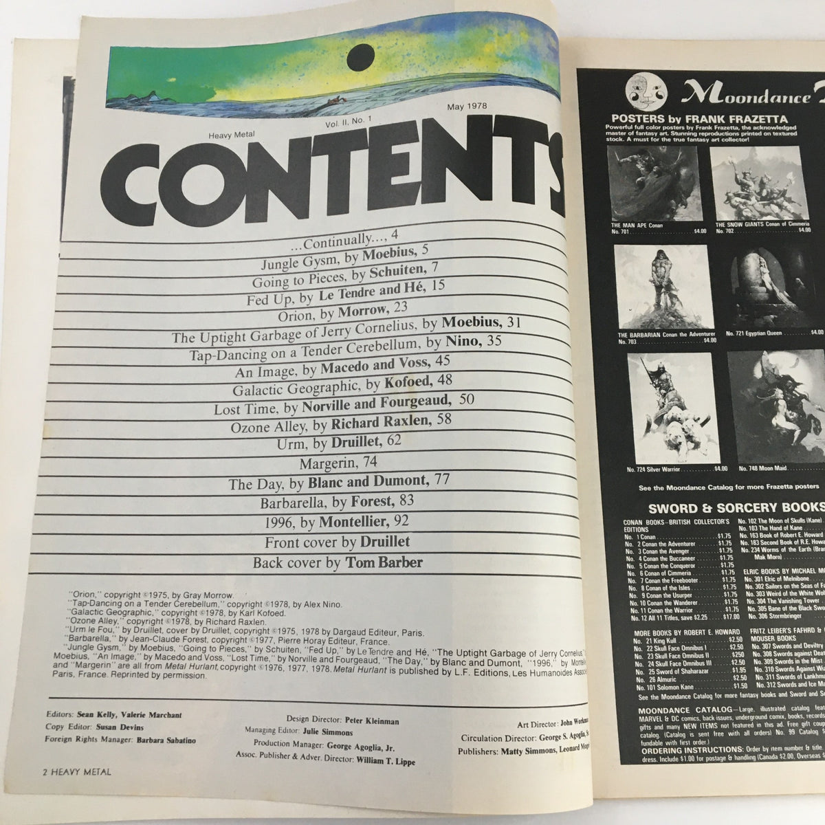 Contents page of Heavy Metal Magazine May 1978, featuring the titles of various stories including 'Lost Time' by Norville and Fourgeaud.
