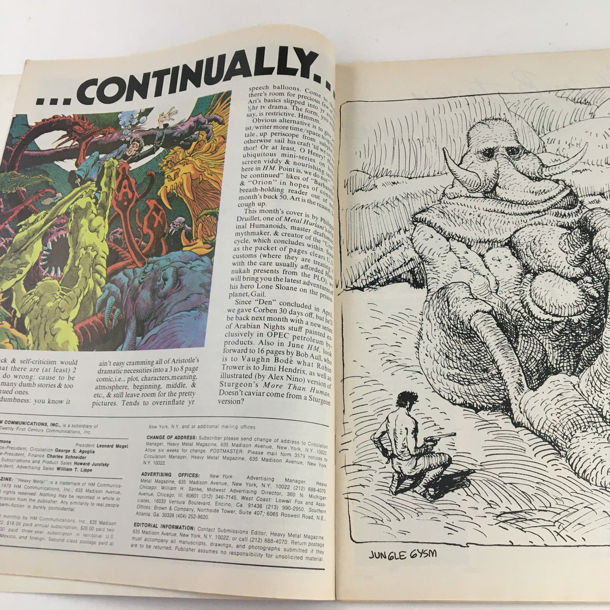Page from Heavy Metal Magazine May 1978 showcasing the story 'Jungle Gym' with vibrant illustration and descriptive text.